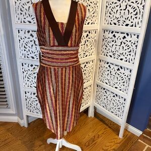 NWT Kay Unger Brown and Gold Striped Midi Dress Sz 12